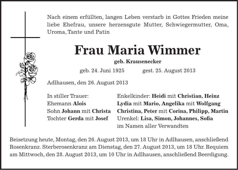 Traueranzeige Maria Wimmer