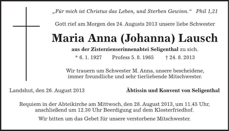 Traueranzeige Maria Anna Lausch