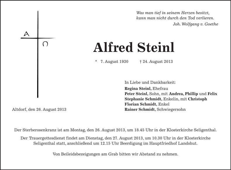 Traueranzeige Alfred Steinl
