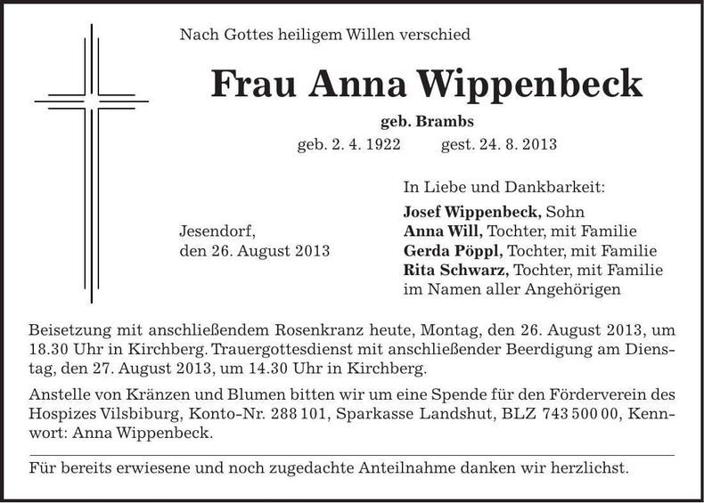 Traueranzeige Anna Wippenbeck
