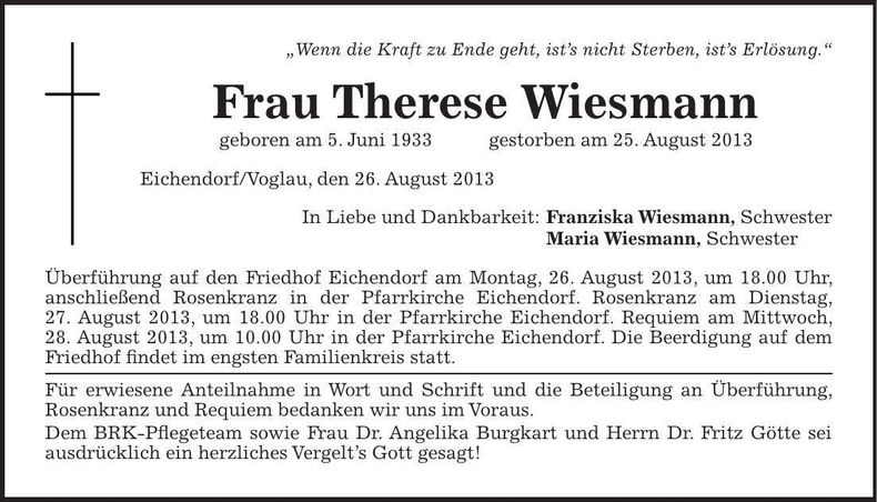 Traueranzeige Therese Wiesmann