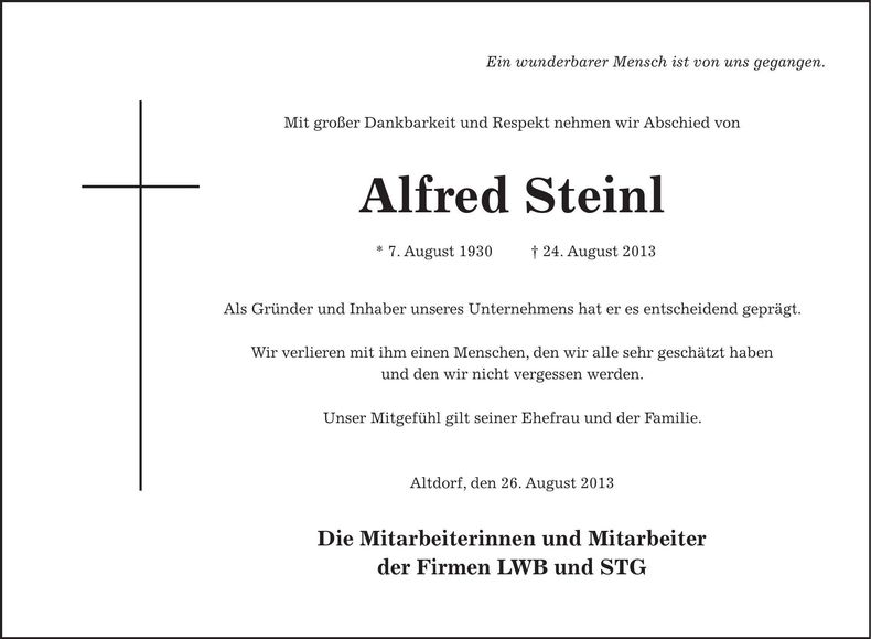 Traueranzeige Alfred Steinl