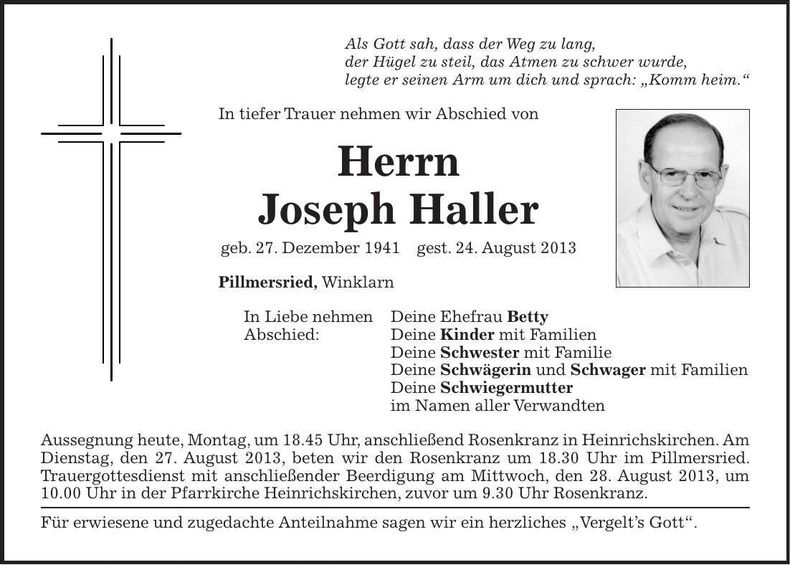 Traueranzeige Joseph Haller