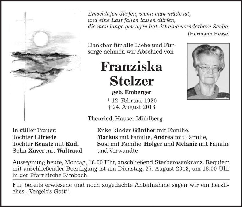 Traueranzeige Franziska Stelzer