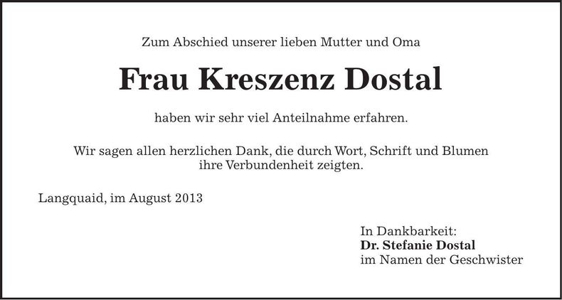 Traueranzeige Kreszenz Dostal