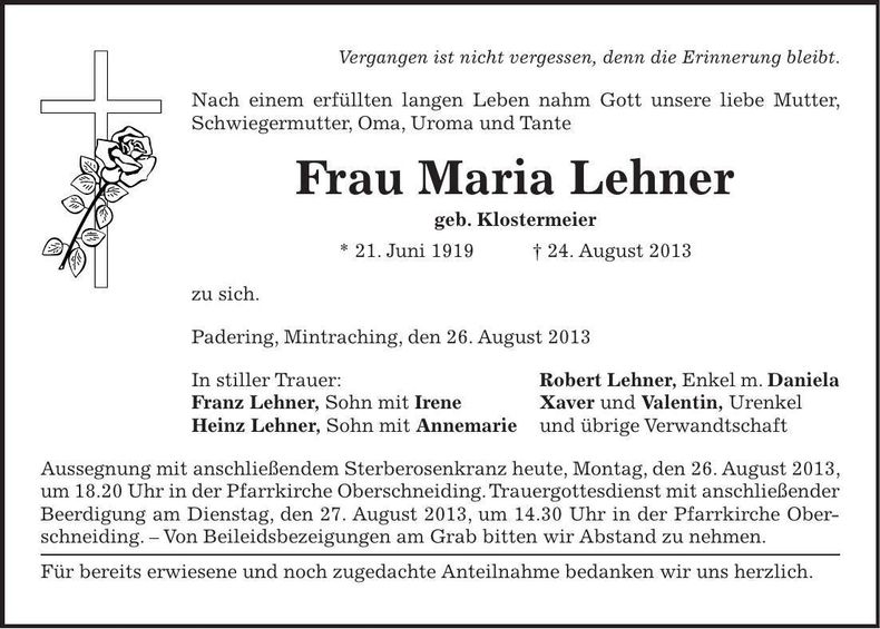 Traueranzeige Maria Lehner