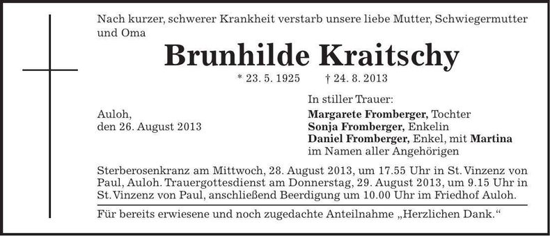 Traueranzeige Brunhilde Kraitschy