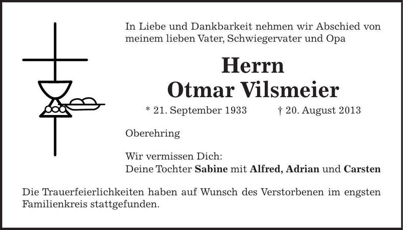 Traueranzeige Otmar Vilsmeier