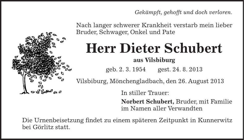 Traueranzeige Dieter Schubert