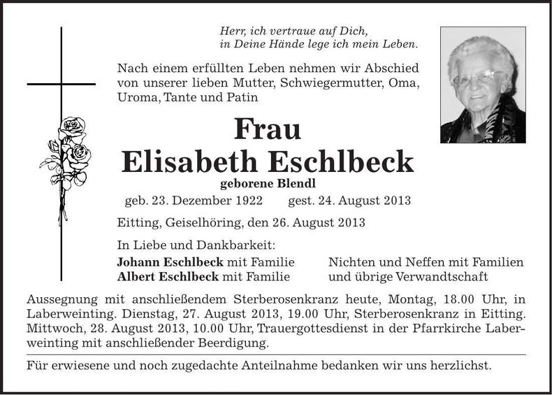 Traueranzeige Elisabeth Eschlbeck