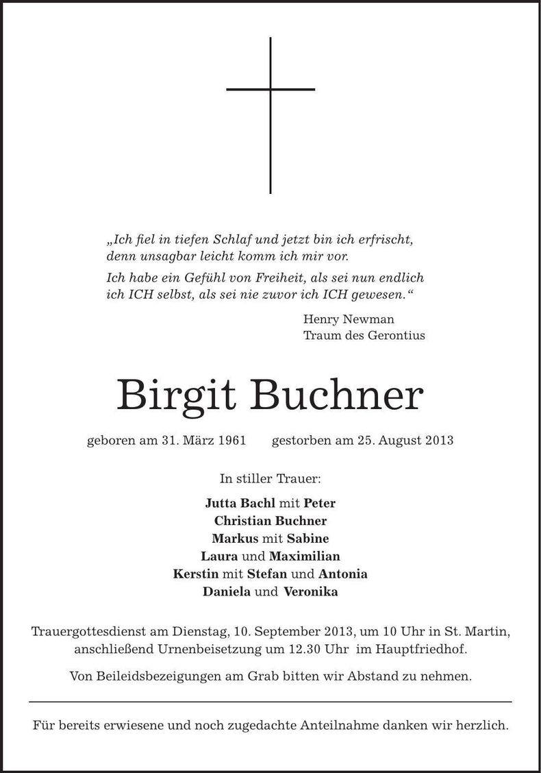 Traueranzeige Birgit Buchner