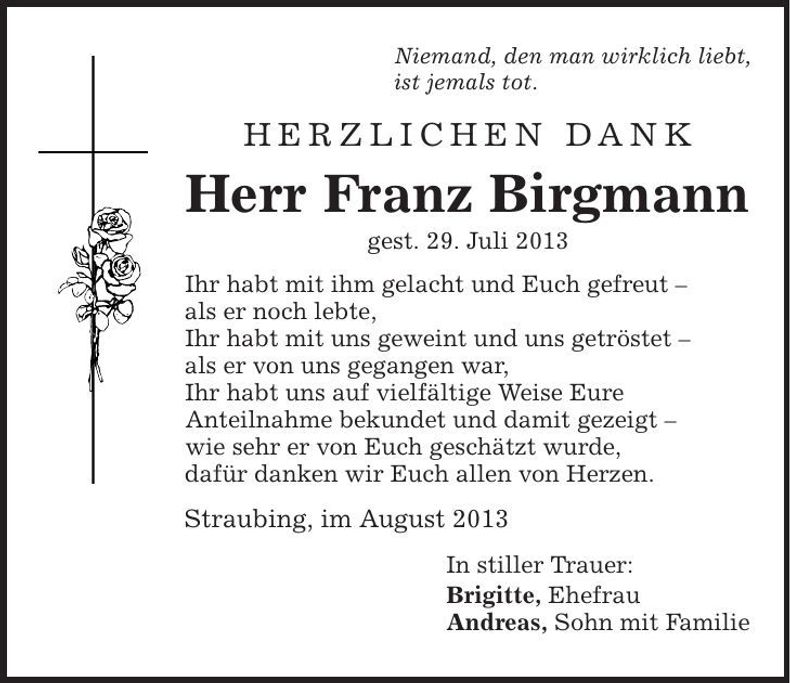 Traueranzeige Franz Birgmann