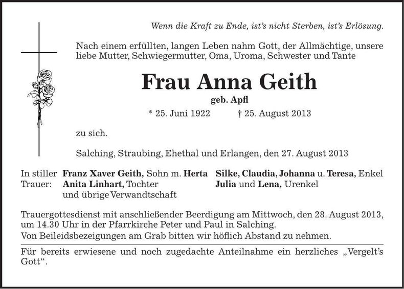 Traueranzeige Anna Geith