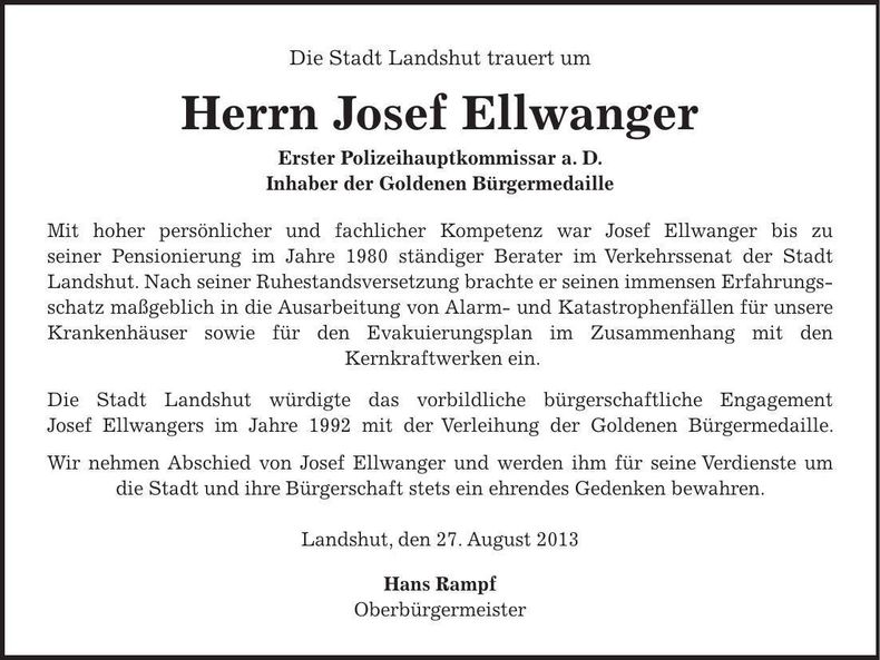 Traueranzeige Josef Ellwanger