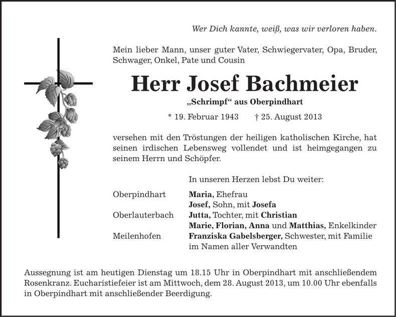 Traueranzeige Josef Bachmeier