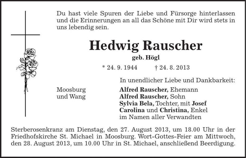 Traueranzeige Hedwig Rauscher