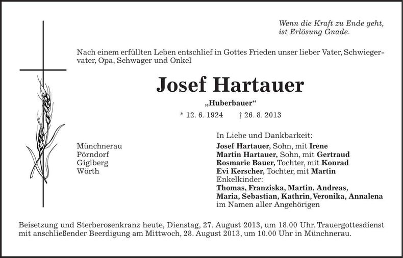 Traueranzeige Josef Hartauer