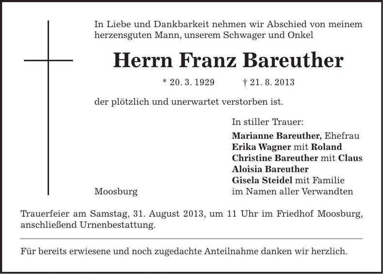Traueranzeige Franz Bareuther