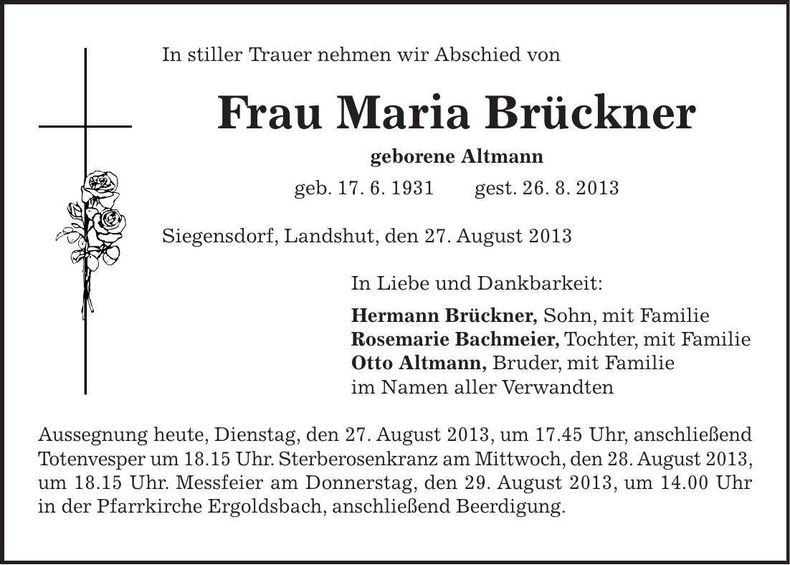 Traueranzeige Maria Brückner