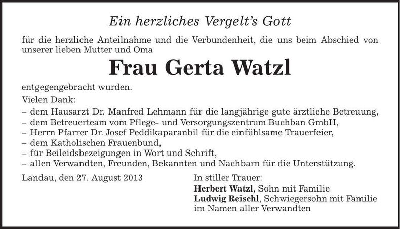 Traueranzeige Gerda Watzl