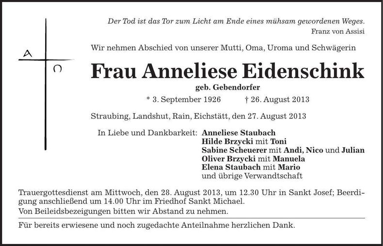 Traueranzeige Anneliese Eidenschink