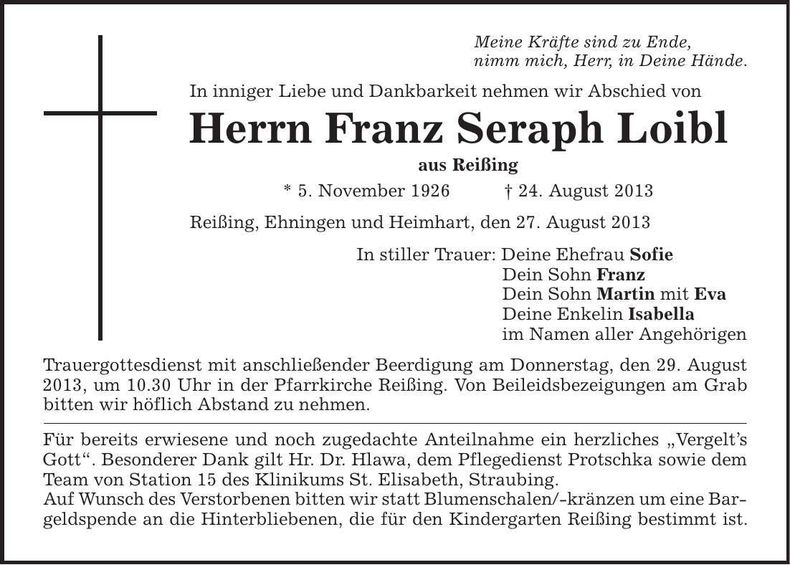 Traueranzeige Franz Seraph Loibl