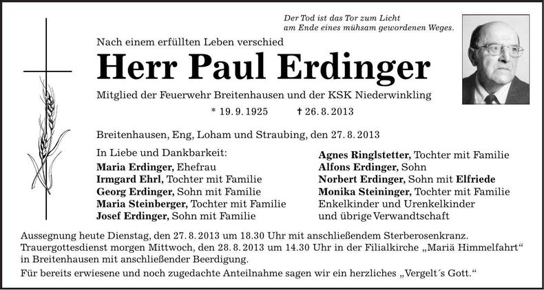 Traueranzeige Paul Erdinger