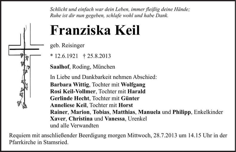 Traueranzeige Franziska Keil