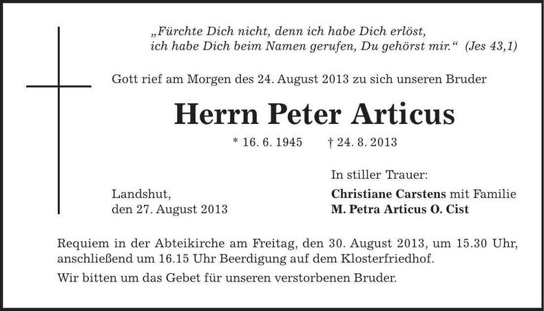 Traueranzeige Peter Articus