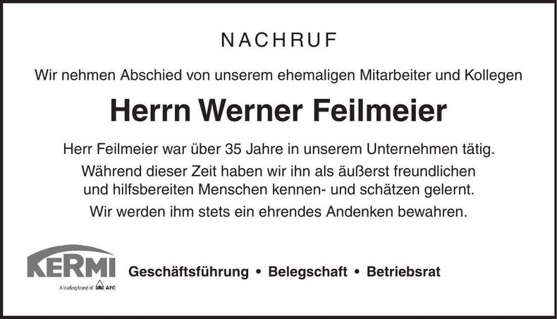 Traueranzeige Werner Feilmeier