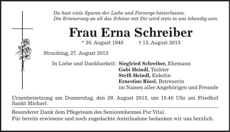 Traueranzeige Erna Schreiber