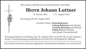 Traueranzeige Johann Luttner
