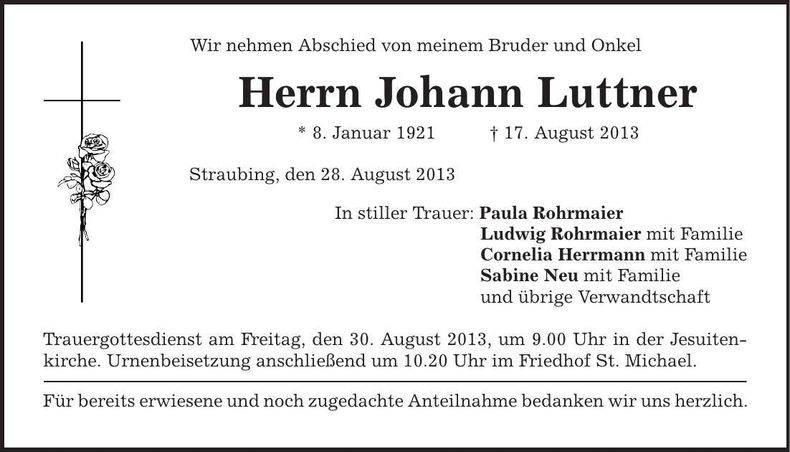 Traueranzeige Johann Luttner
