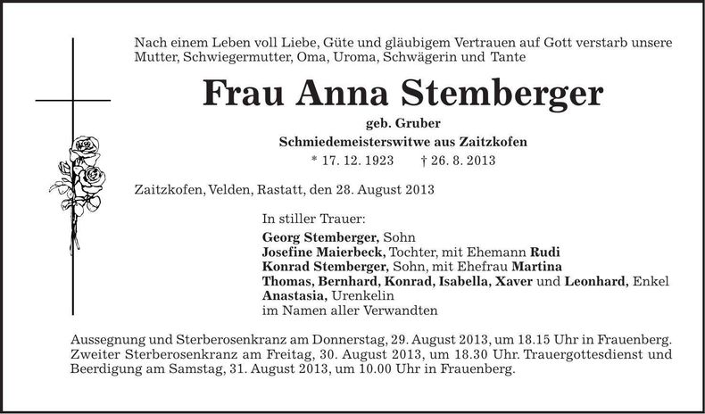 Traueranzeige Anna Stemberger