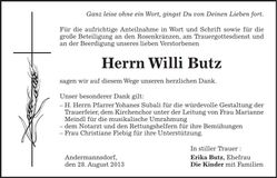 Traueranzeige Willi Butz