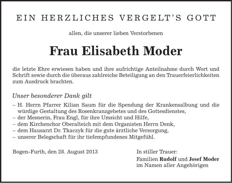 Traueranzeige Elisabeth Moder