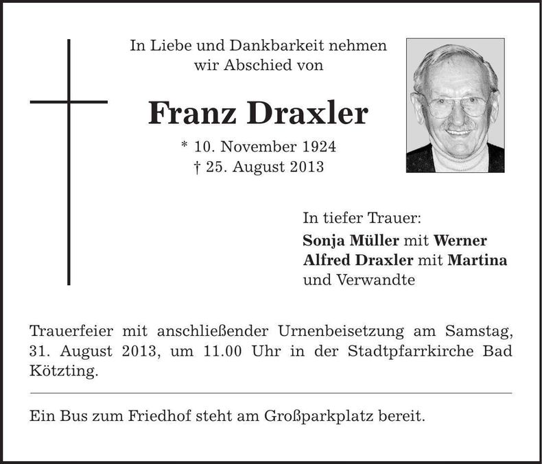 Traueranzeige Franz Draxler