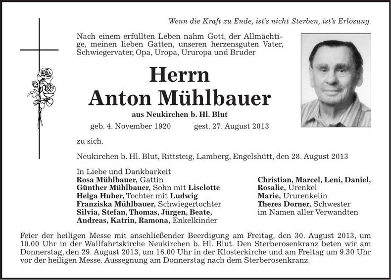 Traueranzeige Anton Mühlbauer
