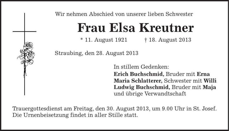Traueranzeige Elsa Kreutner