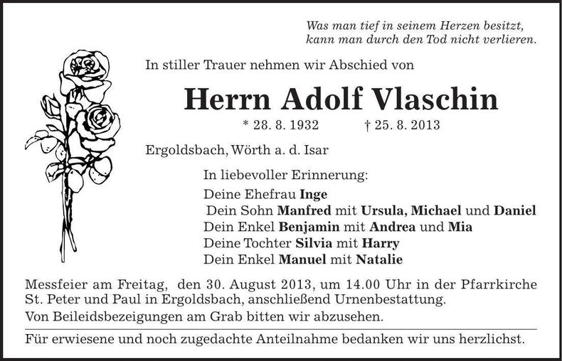 Traueranzeige Adolf Vlaschin