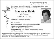 Traueranzeige Anna Raith