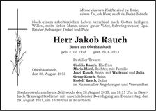Traueranzeige Jakob Rauch