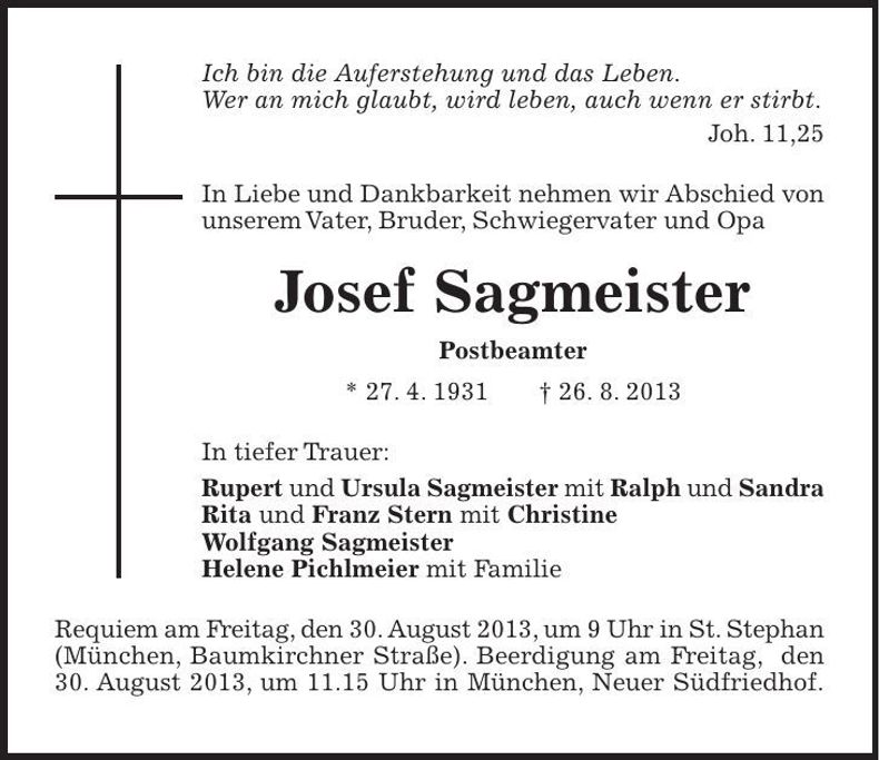 Traueranzeige Josef Sagmeister