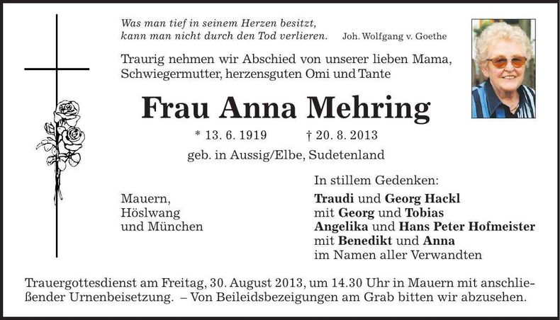 Traueranzeige Anna Mehring
