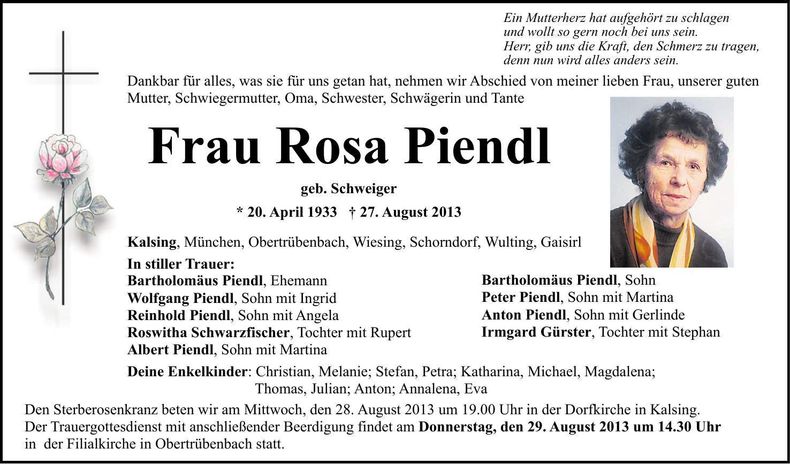 Traueranzeige Rosa Piendl