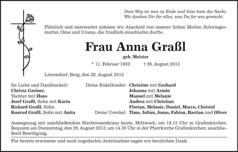 Traueranzeige Anna Graßl