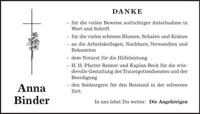 Traueranzeige Anna Binder