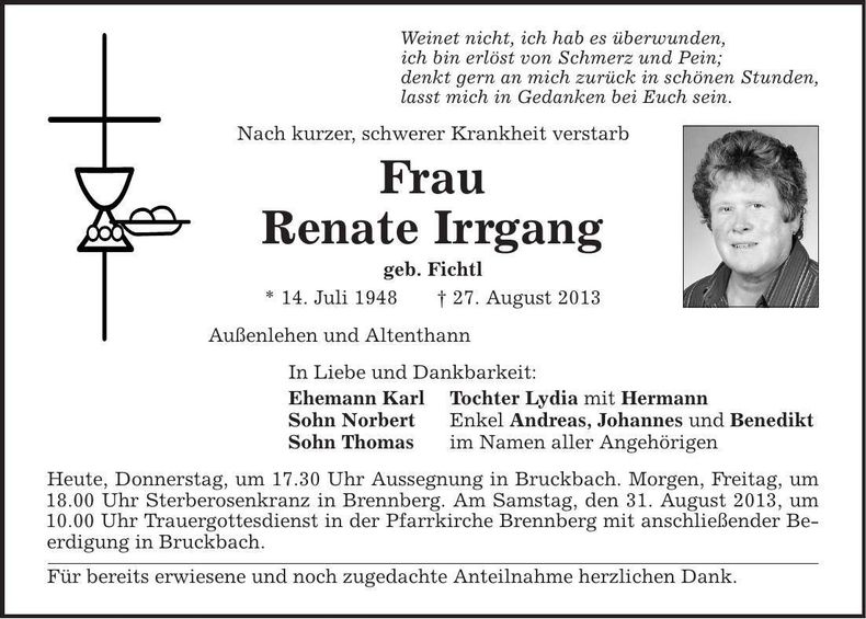 Traueranzeige Renate Irrgang