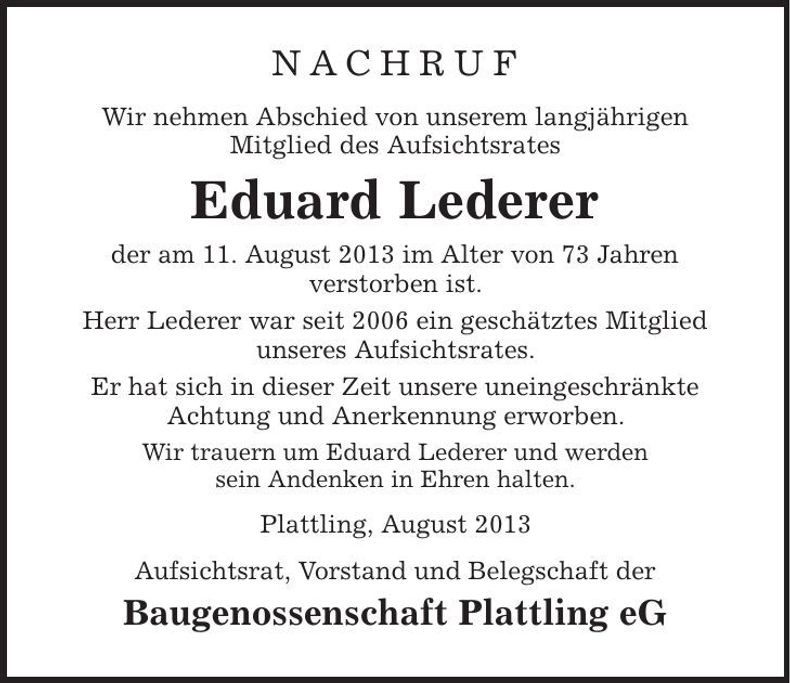 Traueranzeige Eduard Lederer