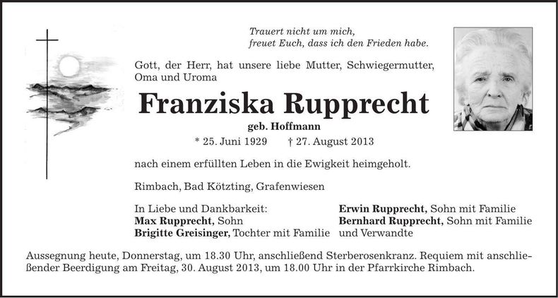 Traueranzeige Franziska Rupprecht